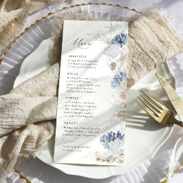 Boho Elegant Ocean Beach Coral Blue Wedding Menükarte