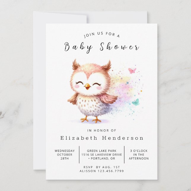 Boho Elegant Owl Baby Shower Einladung (Vorderseite)