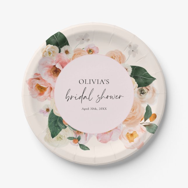 Boho Elegant Pink Floral Brautparty Pappteller (Vorderseite)