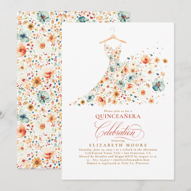 Boho Elegant Wildblumen Floral Fall Quinceanera Einladung (Vorne/Hinten)