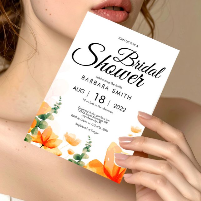 Boho Elegante Wildblume Brautparty Postkarte (Elegant Orange Floral Bridal Shower Invitation Postcard, Bridal Shower Floral)