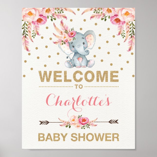 Boho Elephant Baby Dusche Pink Gold Willkommenszei Poster (Vorne)