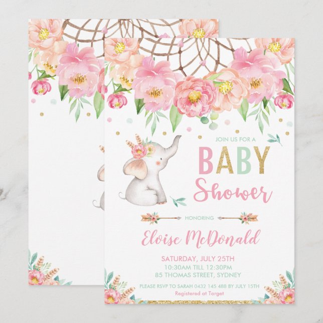 Boho Elephant Baby Shower Girl Pink Minze Floral Einladung (Vorne/Hinten)