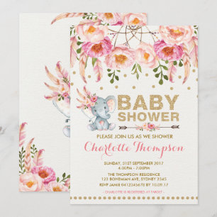Boho Elephant Baby shower Invitation Or rose