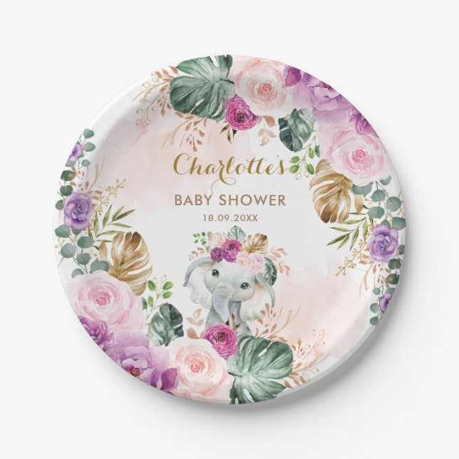 Boho Elephant Blush Lila florales Jungle Baby Girl Pappteller (Vorderseite)
