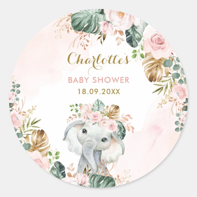 Boho Elephant Blush Pink Floral Jungle Baby Girl Runder Aufkleber (Vorderseite)