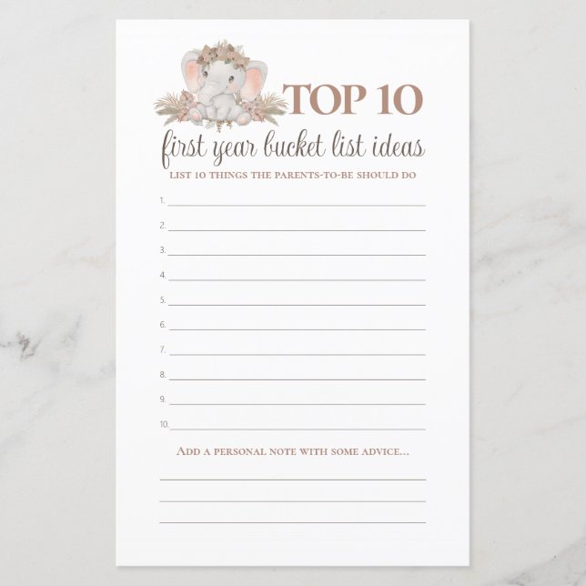 Boho Elephant Bucket List Baby Showspiel (Vorderseite)