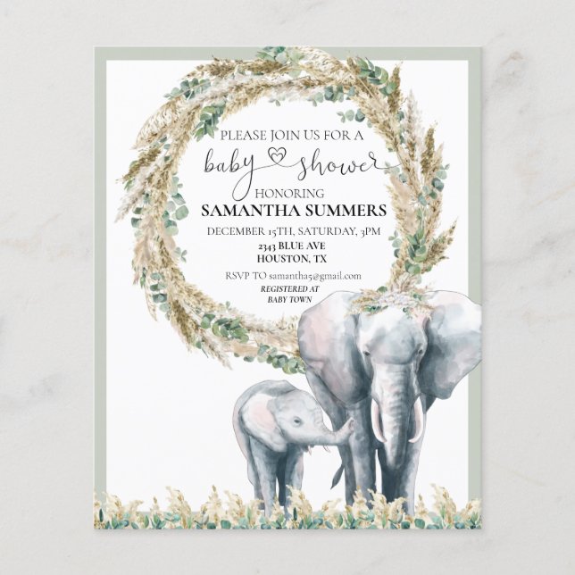 Boho Elephant Mutter Pampas Grass Baby Dusche (Vorderseite)