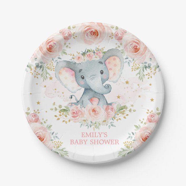 Boho Elephant Pink Floral Baby Girl Duschfavoriten Pappteller (Vorderseite)