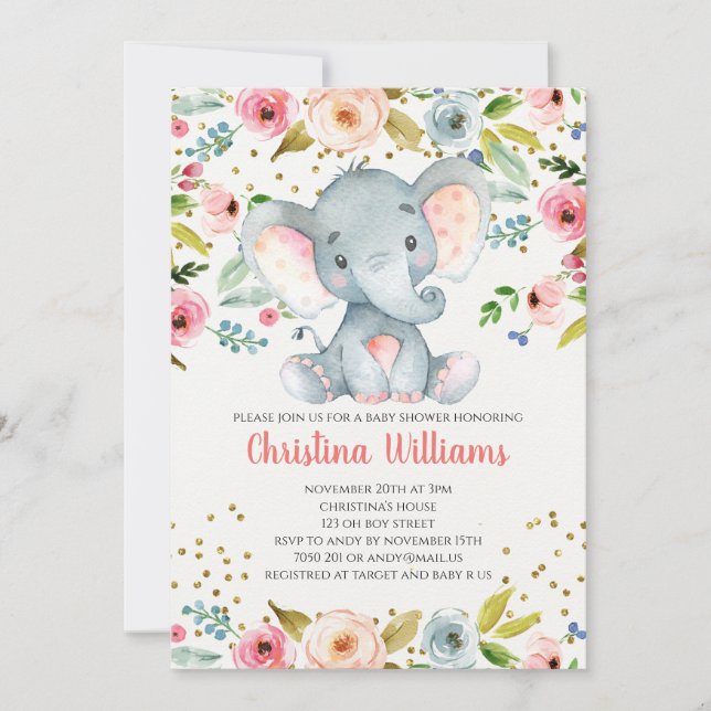 Boho Elephant Pink Girl Babydusche Wasserfarbe Einladung (Vorderseite)