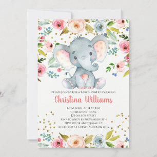 Boho Elephant Pink Girl Babydusche Wasserfarbe Einladung