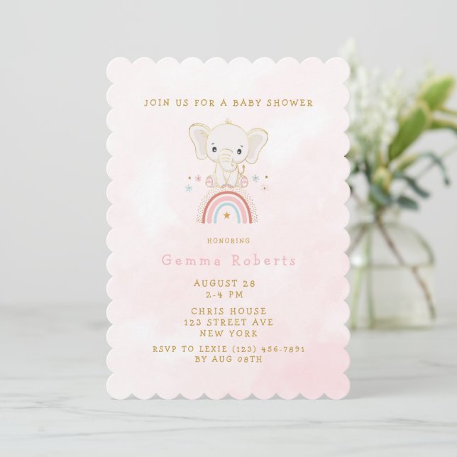Boho Elephant sitzt auf der Rainbow Girl Baby Dusc Einladung (Stehend Vorderseite)