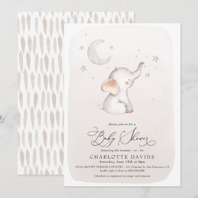 Boho Elephant Stars Moon Beige Neutral Baby Dusche Einladung (Vorne/Hinten)