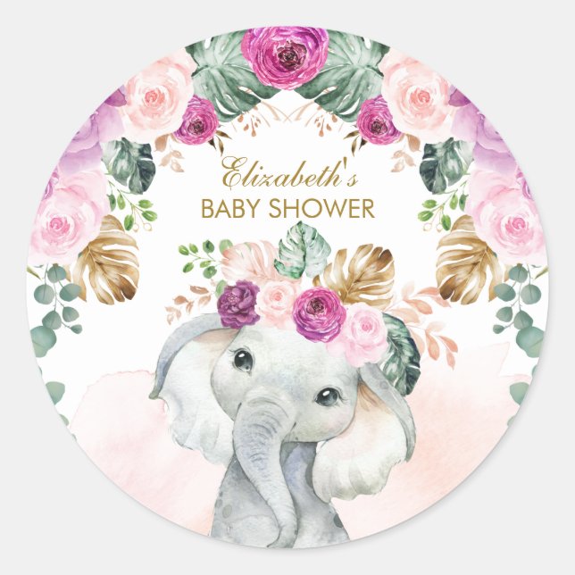Boho Elephant Tropical Blush Lila Floral Girl Runder Aufkleber (Vorderseite)