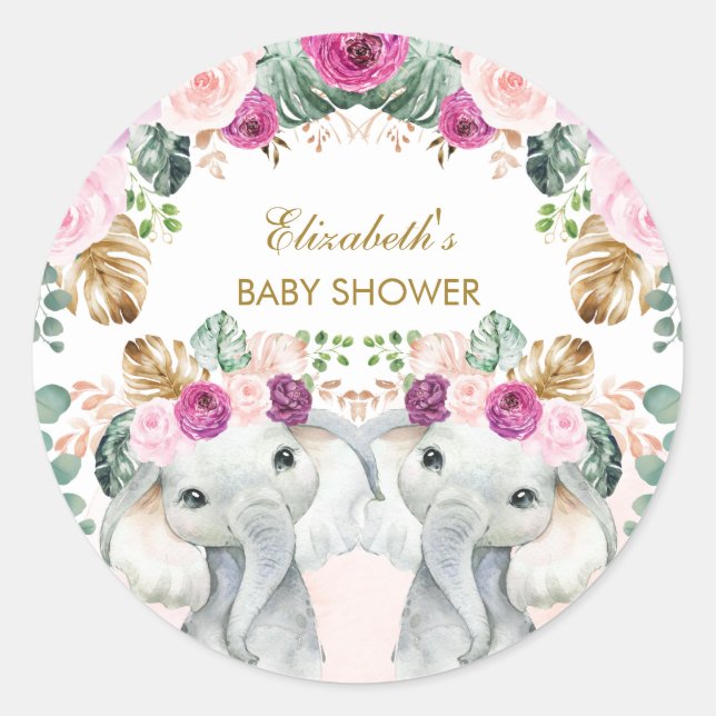 Boho Elephant Twins Tropenblau Lila Runder Aufkleber (Vorderseite)