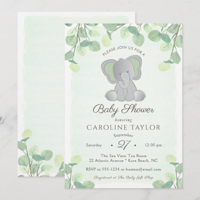 Boho Elephant Watercolor Greenerity Baby Shower Einladung (Vorne/Hinten)