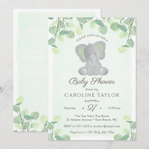 Boho Elephant Watercolor Greenerity Baby Shower Einladung