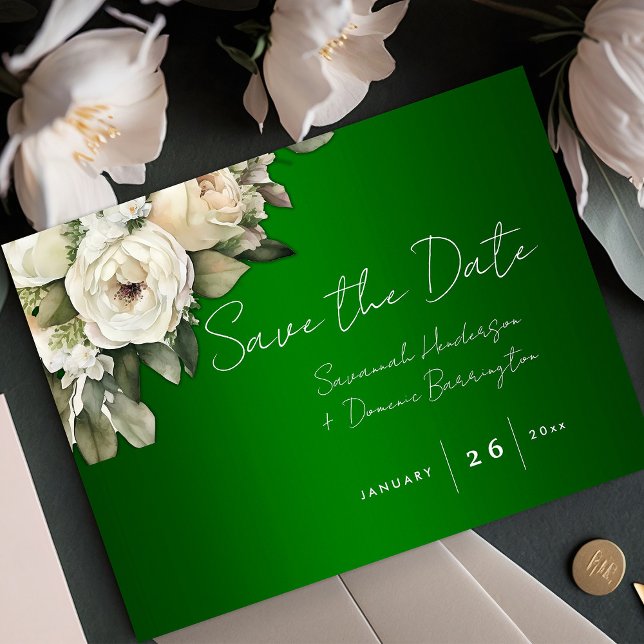 Boho Emerald Green mit White Roses Save the Date Ankündigungspostkarte (Von Creator hochgeladen)