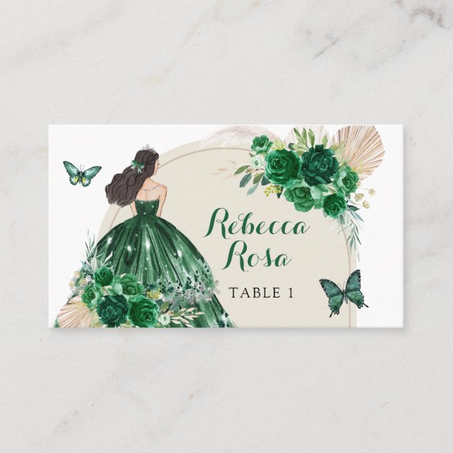 Boho Emerald Green Princess Quinceañera Platzkarte (Vorderseite)