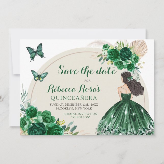 Boho Emerald Green Quinceañera Save the Date Einladung (Vorderseite)