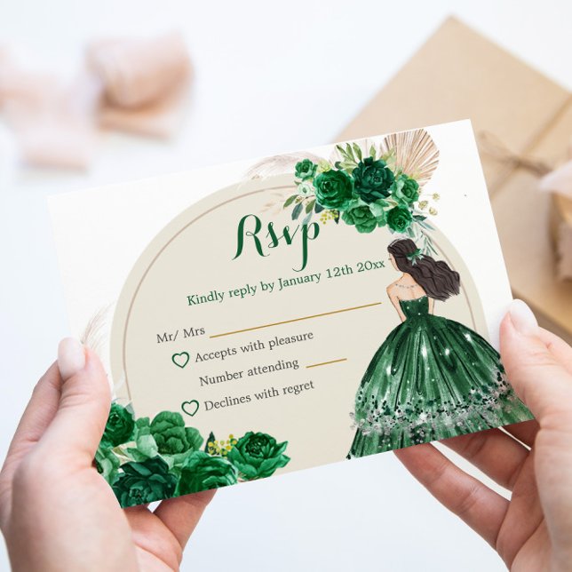 Boho Emerald Green Rose Princess Quinceañera RSVP Karte (Von Creator hochgeladen)