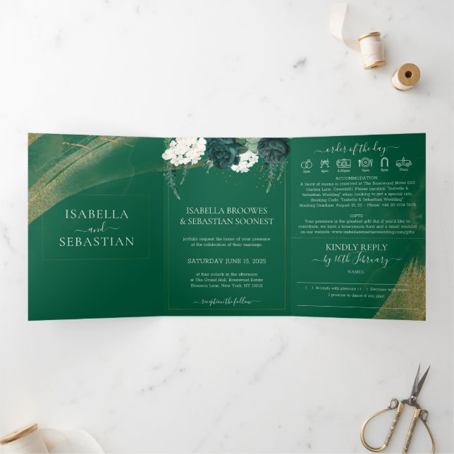 Boho Emerald Rose Complete Mariage Tri-Fold Invita (Intérieur)