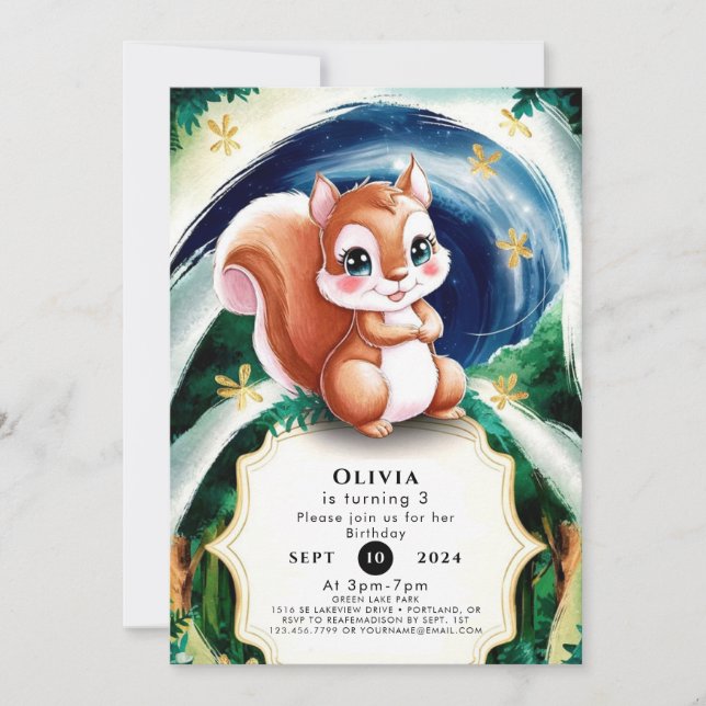 Boho Enchanted Eichhörnchen Geburtstag Einladung (Vorderseite)