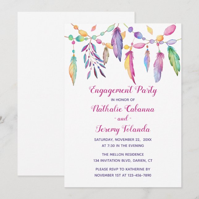 Boho Engagement Party Feathers Native American Einladung (Vorne/Hinten)