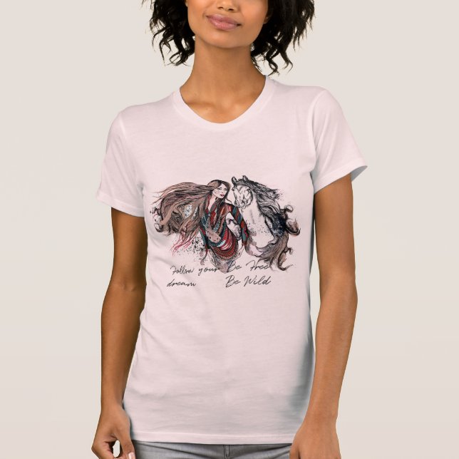 Boho Entwurf mit Mädchen und Pferd T-Shirt (Vorderseite)