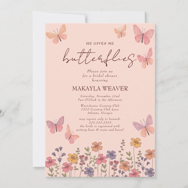 boho er gibt mir Schmetterlinge Blume Brautparty Einladung (Vorderseite)