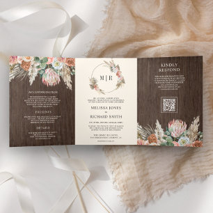 Boho-Erdige Florale Pampas-Holz-QR-Code-Hochzeit Dreifach Gefaltete Einladung