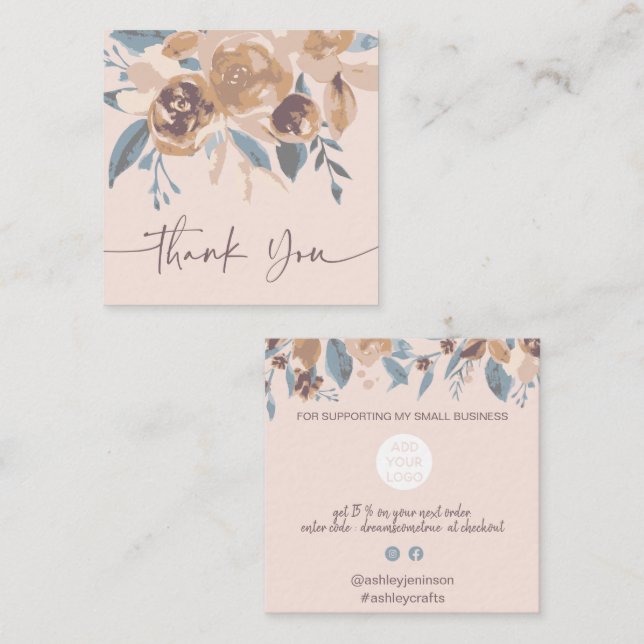 Boho erthy tone floral Aquarell-Ordnung danke Quadratische Visitenkarte (Vorne/Hinten)