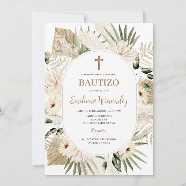 Boho espagnol Baptême Floral Invitation (Devant)