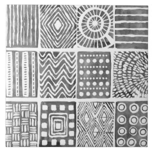 Boho Ethnic Keramik Tile - Schwarz-Weiß-Ornament Fliese
