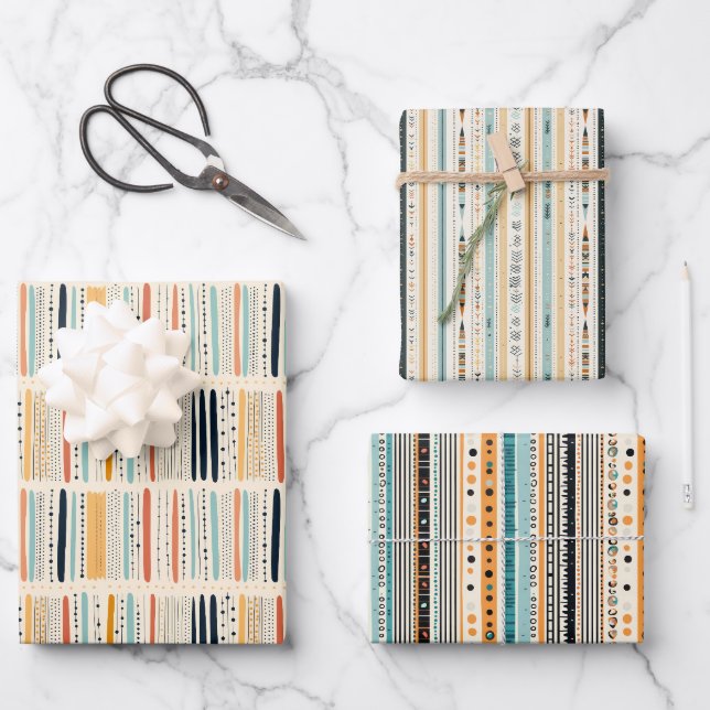 Boho ethnische Marine rostige Terrakotta-Streifen Geschenkpapier Set (Vorderseite)