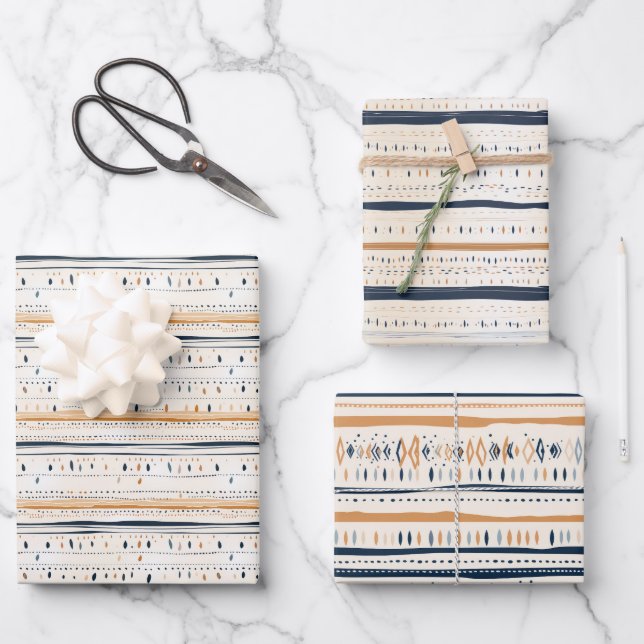 Boho ethnische Marine rostige Terrakotta-Streifen Geschenkpapier Set (Vorderseite)