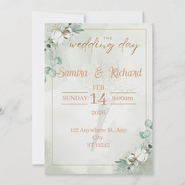Boho Eucalyptus & Cotton Wedding Invitation Einladung (Vorderseite)