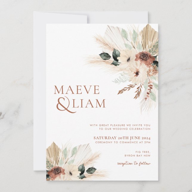 Boho Eucalyptus Green Blume Pampas Wedding Einladung (Vorderseite)