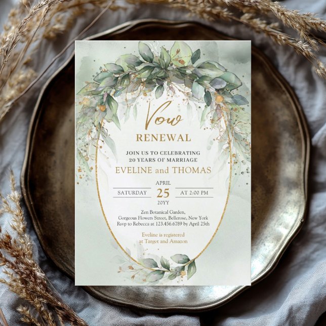 Boho eucalyptus green gold vermählte Erneuerung ei Einladung (watercolor green eucalyptus wreath vow renewal invitation digital )