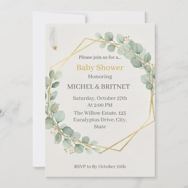 Boho Eucalyptus Greenery Gold  Baby Showers Einladung (Vorderseite)