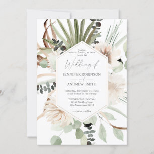 Boho Eucalyptus Palm Leaf & Beige Blumenhochzeit Einladung
