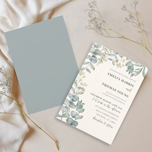 Boho-Eukalyptus-Aquarell Blau & Beige Hochzeit Einladung