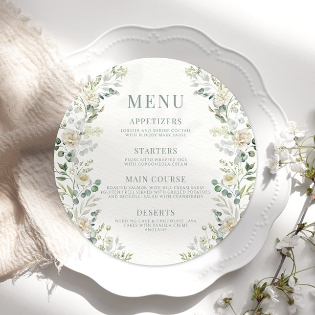 Boho Eukalyptus Floral Wedding Round Flat Menu Menükarte (Von Creator hochgeladen)