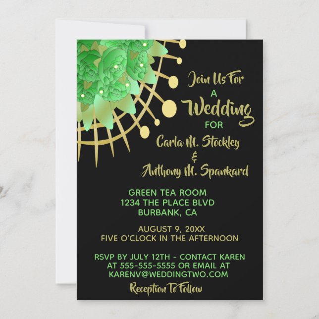 Boho Eukalyptus Greenery Black & Gold Wedding Einladung (Vorderseite)
