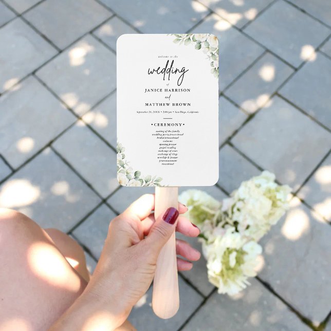 Boho-Eukalyptus-Grün-Hochzeitszeremonie-Programm Fächer (Boho eucalyptus greenery program fan keeps guests cool while adding personalized natural charm)