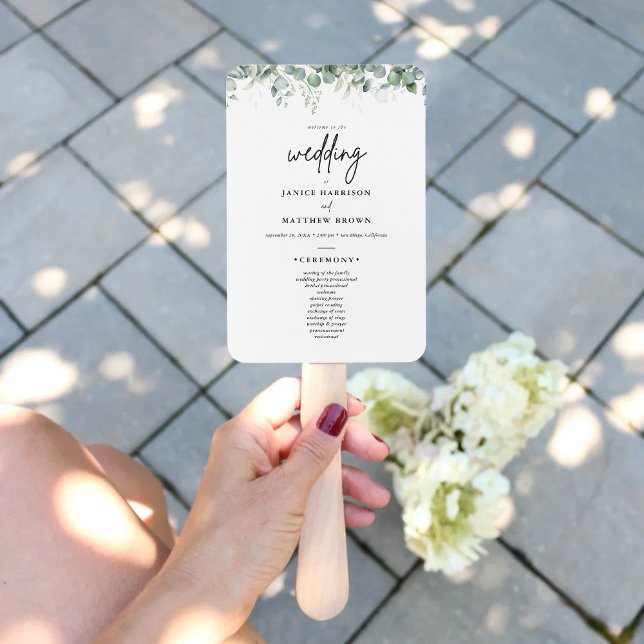 Boho-Eukalyptus-Grün-Hochzeitszeremonie-Programm Fächer (Boho eucalyptus greenery program fan keeps guests cool while adding a fresh natural wedding vibe)