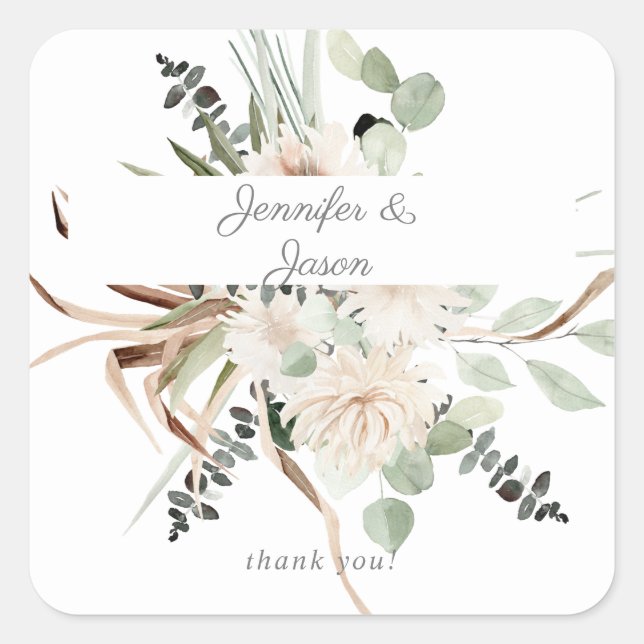 Boho Eukalyptus Palm & Beige Floral Vielen Dank Quadratischer Aufkleber (Vorderseite)
