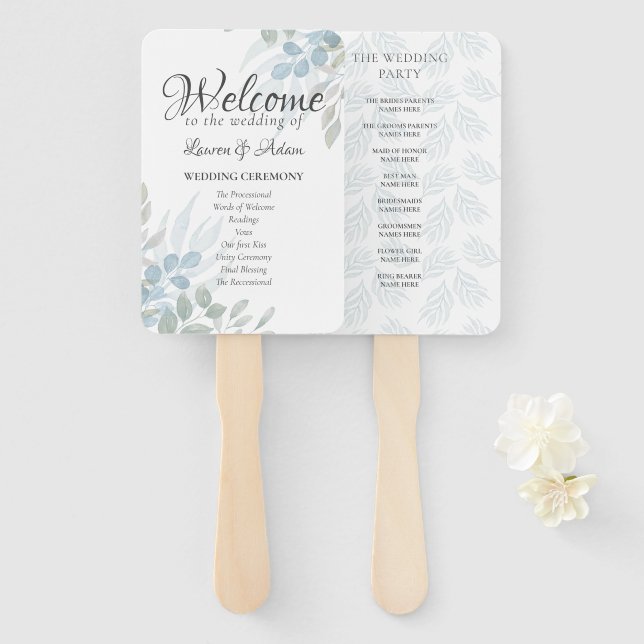 Boho-Eukalyptus-Staubblau-Hochzeitsprogramm Fächer (Vorne und Hinten)