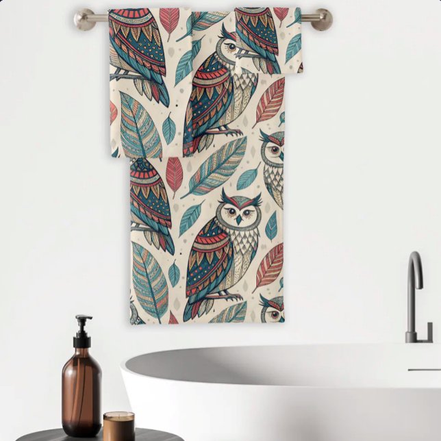 Boho-Eule-Blattmuster Teal Rost Beige Badhandtuch Set (Von Creator hochgeladen)