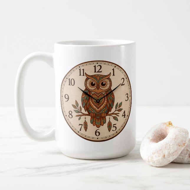 Boho-Eule Große Wanduhr Kaffeetasse (Mit Donut)